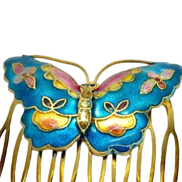 Vintage Enamel Butterfly Floral Hair Comb Gold Blue - Picture 10 of 11